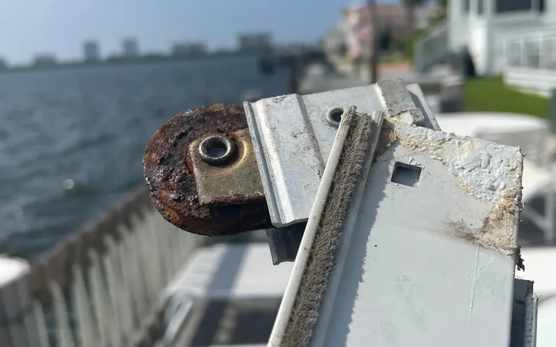 Worn sliding glass door roller removed from its track